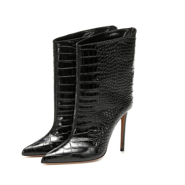 

boots crocodile pattern women ankle high heel booties, Black