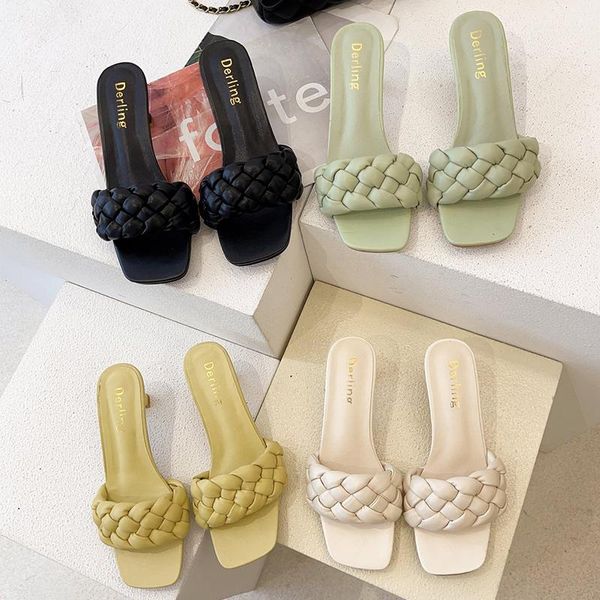

slippers summer women 6cm high heels slides leather weave mules platform lady slaps luxury designer shoes, Black