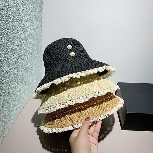 

wide brim hats chic solid pearl bucket women spring summer street beach dome sun protectors caps foldable straw hat 56-58cm travel casual, Blue;gray