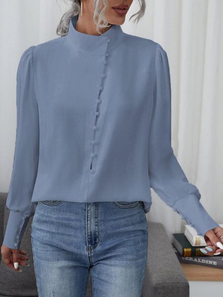 

stand neck lantern sleeve blouse h2iz#, White
