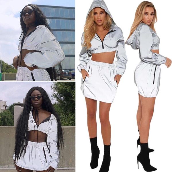 

women's two piece pants women ladies zipper hip hop hooded long sleeves crop high waist short skirt clubwear tracksuit, White