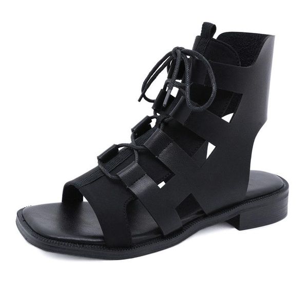 

dress shoes women sandals leisure low heel lace up punk flats summer high-flat sandalias mujer, Black