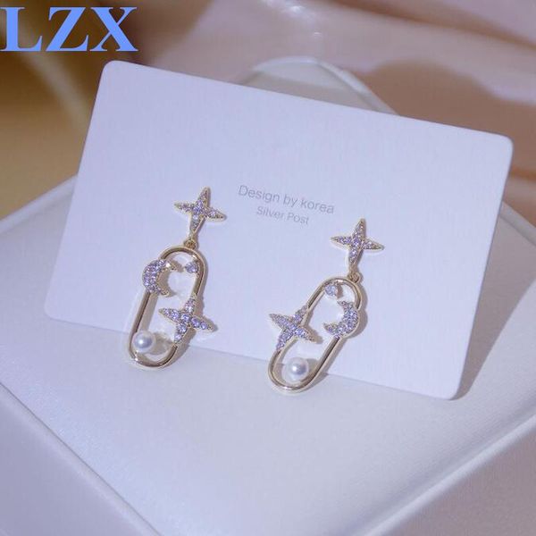 

real gold fashion moon star shape pearl earrings for women girls bling zirconia delicated drop earring pendant jewellry dangle & chandel cha, Silver