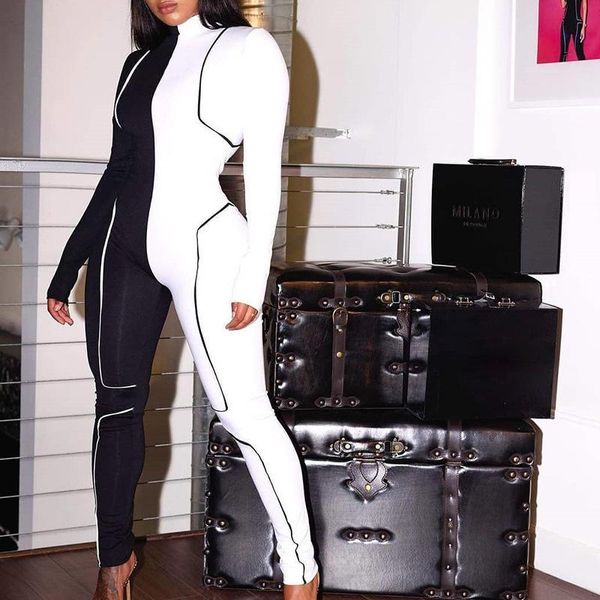 

women's jumpsuits & rompers tmustobe skinny patchwork jumpsuit for women personality line sporting black white casual overalls womens b