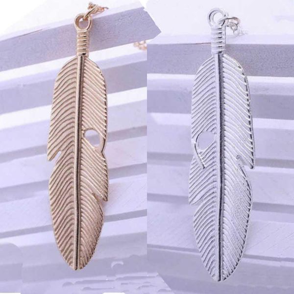 

pendant necklaces fashion simple long metal leaf feather necklace retro can match sweater, Silver