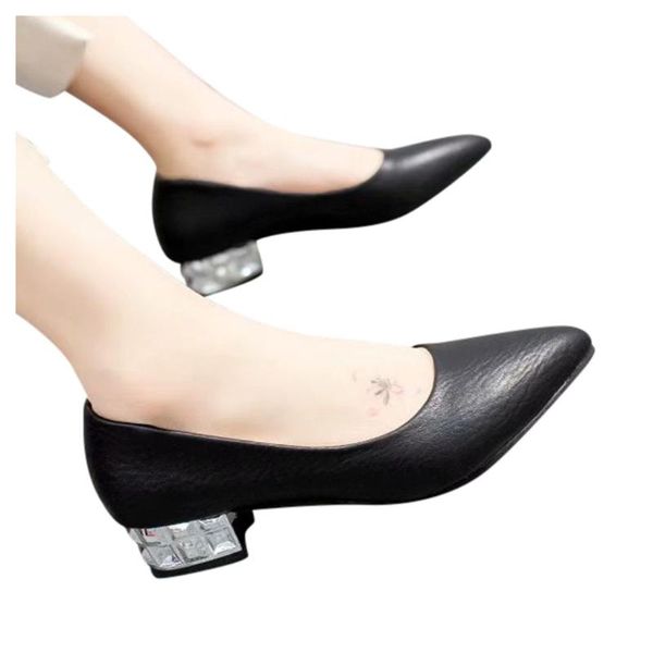 

dress shoes women leather single party pumps ladies fashion pointed toe slip on square high heels work wedding size43, Black