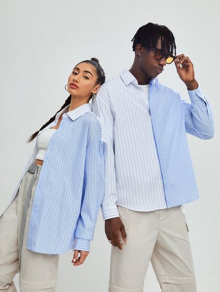 

1pc drop shoulder striped pattern shirt k5rt#, White;black