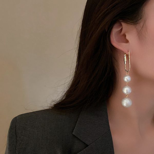 

925 silver needle korean long pearl ear chandelier women's net red fashion design geometric earrings