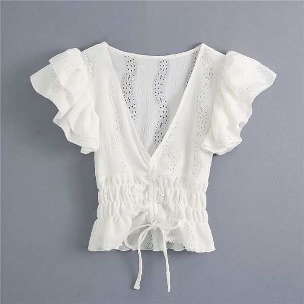 

women's blouses & shirts women summer casual white short sleeve lace ruffles za shirts fashion elastic frenulum hollow out bl