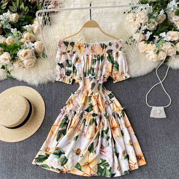 

holiday spring summer women fashion sweet wood ear elastic waist print mini dress slash neck short sleeve vestidos r745 210527, Black;gray