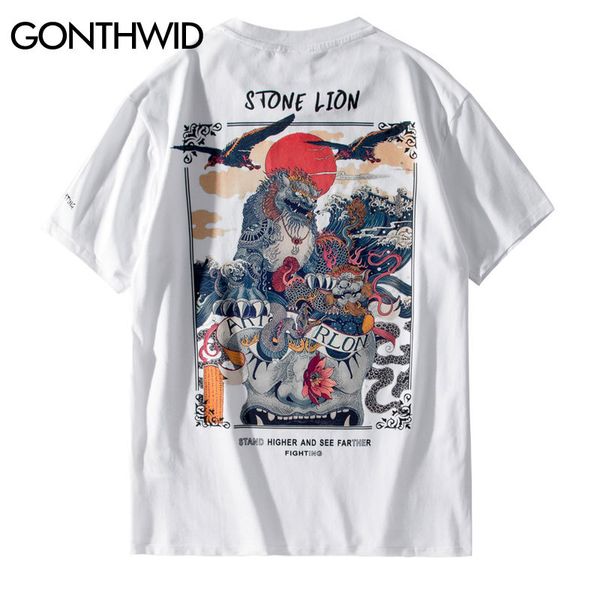 

gonthwid chinese stone lion printed streetwear t shirts mens harajuku hip hop casual street tees male cotton tshirts 210329, White;black