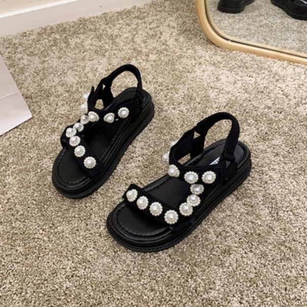

sandals 2021 thick-soled women's summer mid-heel fragrant wind sponge cake bottom fashion casual pearl sports beach shoe, Black