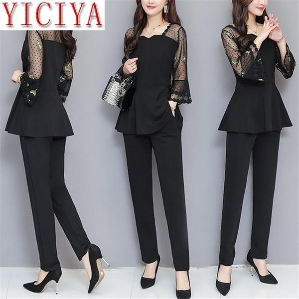 

plus size two piece sets women embroidery spring summer black flare sleeve and pants suits office elegant women' dress, White