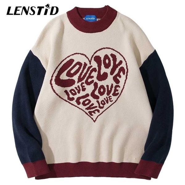 LENSTID Männer Hip Hop Strickpullover Pullover Nettes Herz Brief Drucken Patchwork Streetwear Harajuku Herbst Beiläufige Lose Pullover 211008