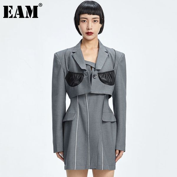 

[eam] women gray spliced single button blazer lapel long sleeve loose fit jacket fashion spring autumn 1dd7299 21512, White;black