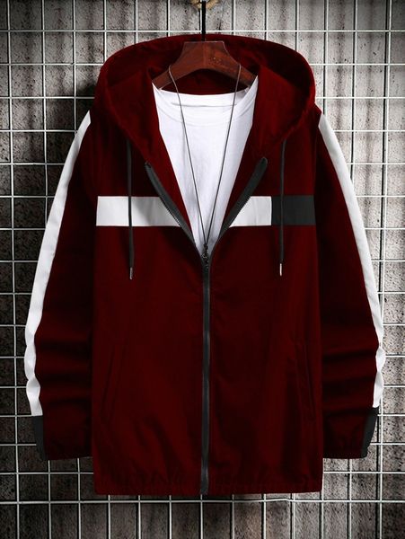 

men contrast panel drawstring hooded jacket k7zn#, Black;brown