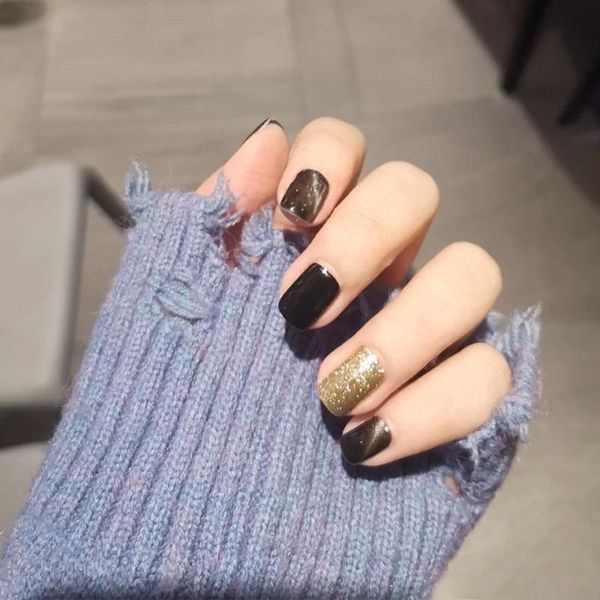 

nail art kits 24pcs/box short square round black cat eye glitter wear stickers fake nails removable tips