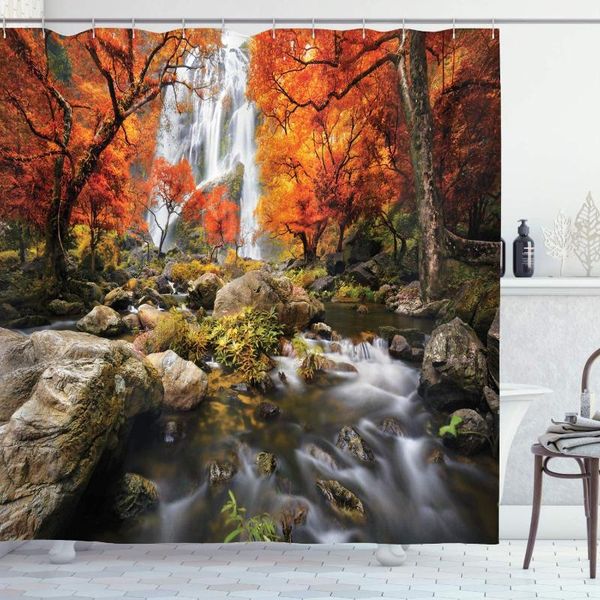 

shower curtains jungle curtain, beautiful tree scenery, thai waterfall and river park, autumn rock flow, cloth fabric bathroom decoration