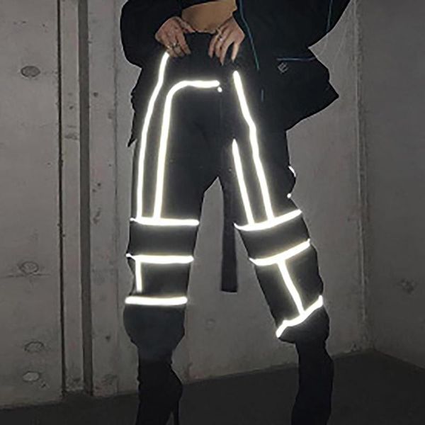 

streetwear cargo pants women casual joggers black high reflective panel waist loose female trousers korean style ladies women's & capri, Black;white