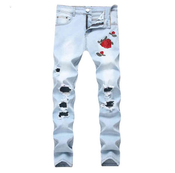 

jeans men's rose embroidery fashion blue black ripped male slim pants eyka