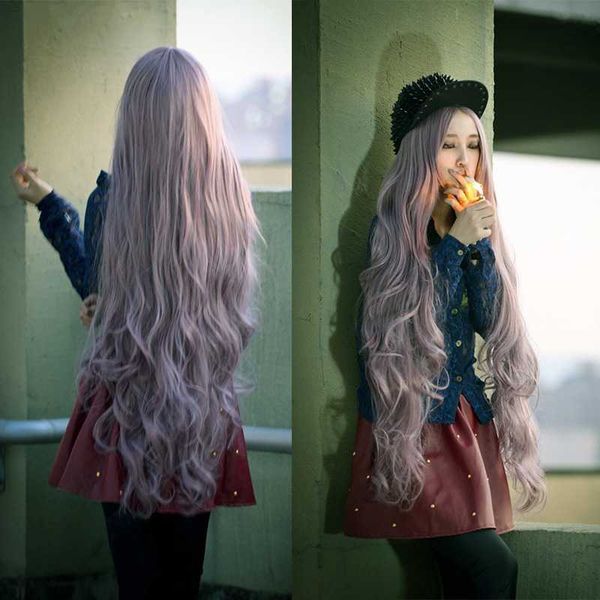 

face trimming hair with bangs, taro purple 100cm long air curly cosplay wig, Black