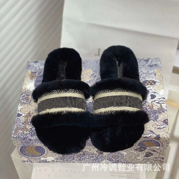 

flat bottomed woolen slippers women summer one-line slippers women wear casual warm and cool slippers outside in summer women, Black