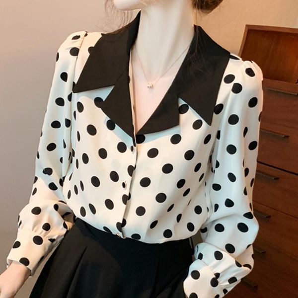 

women's blouses & shirts long sleeve black dot chiffon blouse shirt women blusas mujer de moda 2021 v-neck office e397, White