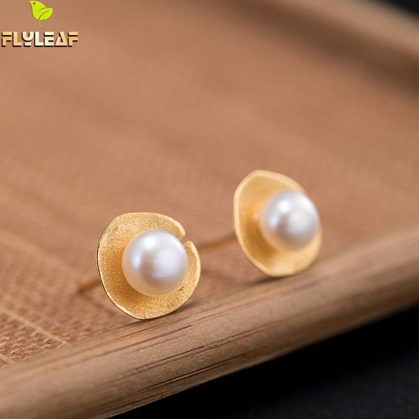 

sterling silver lotus leaf pearl stud earrings for women original handmade female 18k gold vintage jewelry flyleaf, Golden;silver