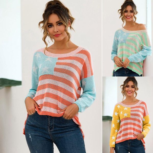 

women's sweaters womens long sleeved stars stripes sweater color matching casual pullover -opk, White;black