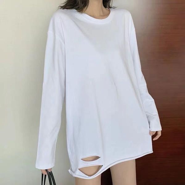 

women's t-shirt autumn and winter 2021 white long sleeve medium length korean loose hole bottomed shirt