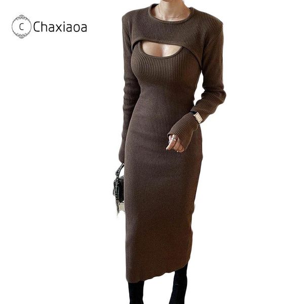 

casual dresses chaxiaoa fashion women dress cotton slim hollow ladies solid skinny basic mid-calf fall bodycon vestidos x368, Black;gray