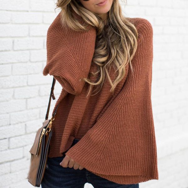 

women's sweaters spring autumn women fashion solid ladies o-neck clothes womens flare sleeve coats pullovers, White;black