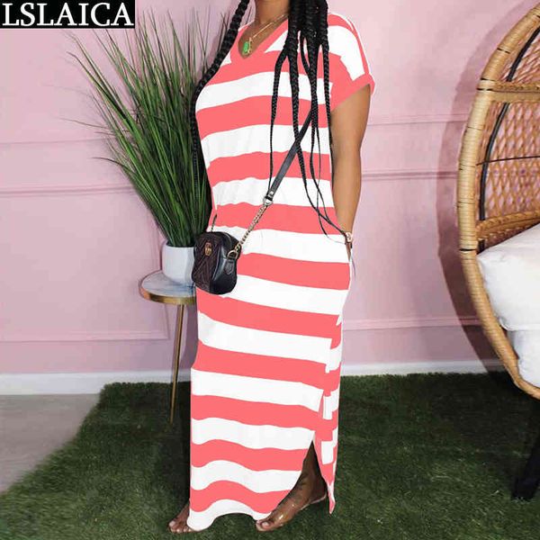 

dress casual short sleeve vneck striped print plus size elegant fashion women hem split streetwear wild summer femme 210520, Black;gray