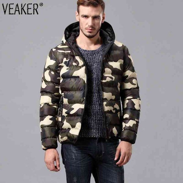 

2021 autumn winter men's hooded camouflage parkas down et male slim fit cotton padded men green red outerwear coat, Black