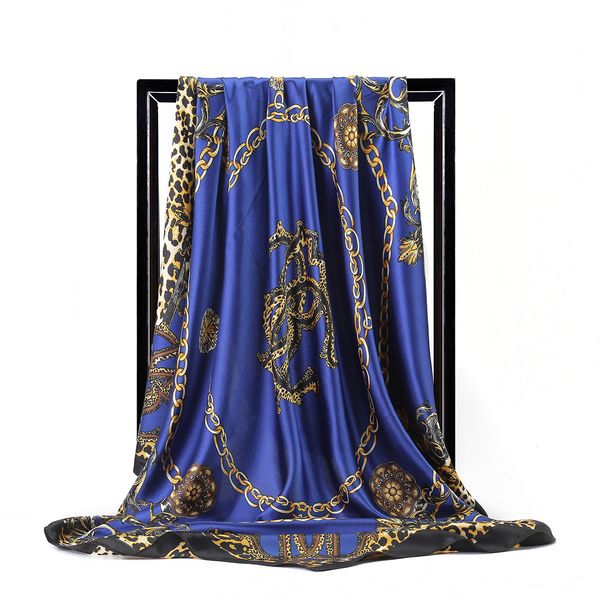 

handkerchiefs hair silk scarf 90*90cm print satin big square silk scarves shawls for women luxury brand designer hijab, Blue;gray