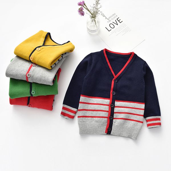 

2021 1-6y kids winter spring cardigan sweaters toddler baby boy girl v neck button-down color block stripe knitted jackets top, Blue;gray