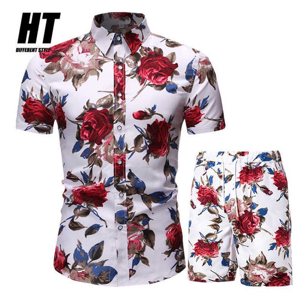 Fashion Hawaiian Set Uomo Fiori Stampa Camicia a maniche corte con bottoni Pantaloncini da spiaggia Set Casual Estate Streetwear Abito da uomo 2 pezzi 210603