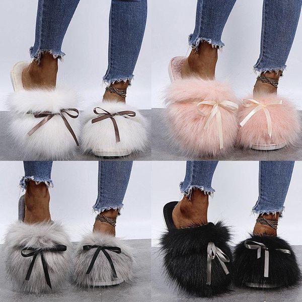 

slippers women fur real slides female indoor flip flops casual raccon sandals furry fluffy plush shoes, Black