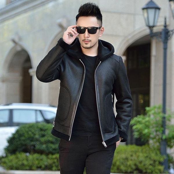 

men's leather & faux winter jacket double side wear sheep shearling real fur coat men warm wool jackets veste homme 8070 yy1205, Black