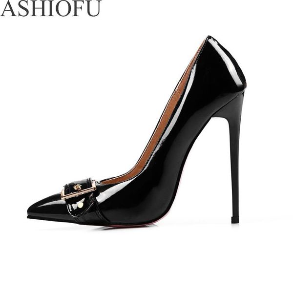 

dress shoes ashiofu ladies stiletto heel pumps 12cm high party prom buckle-pointed fashion evening club court, Black