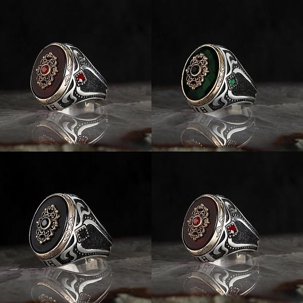 

cluster rings 925 sterling silver for men handmade healing agate zircon onyx stone vintage gift ring turkish jewelry accessory hand mad, Golden;silver