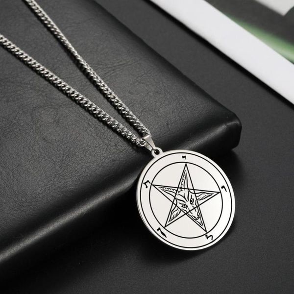 

pendant necklaces likgreat wicca vintage necklace men pentagram baphomet dragon satanic kabbalah amulet stainless steel jewelry, Silver