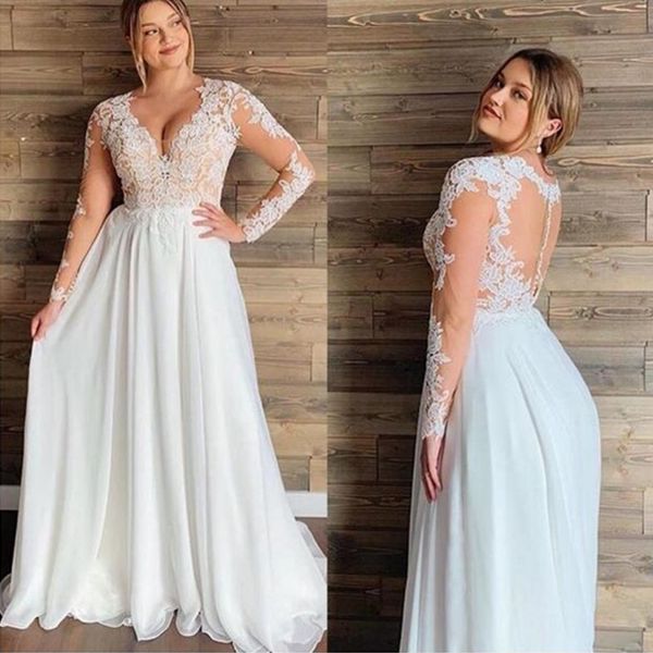 Laço vintage uma linha vestidos de casamento mangas compridas plus tamanho vestidos nupciais v varredura de varredura trem luz de champanhe outdoor bridals wear