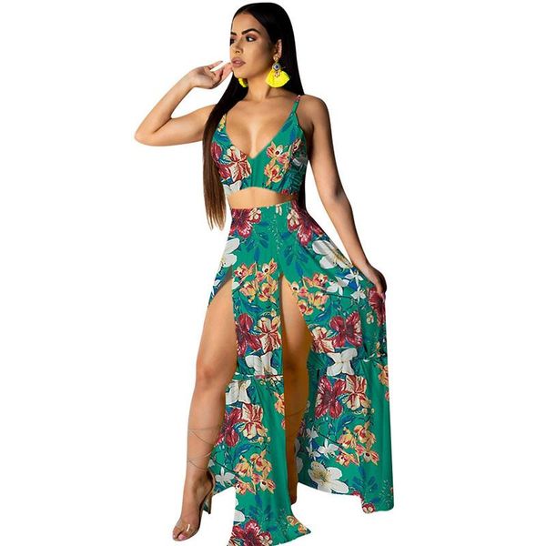 

multicolor tropical floral print boho long dress women v neck party night elegant split beach holiday summer maxi casual dresses, Black;gray