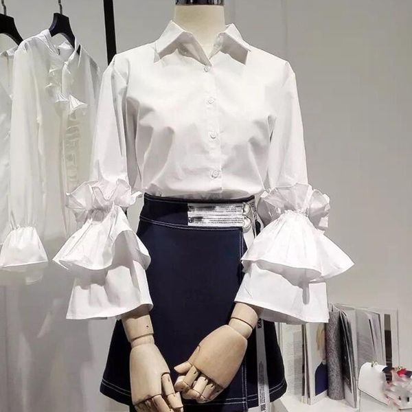 

women's blouses & shirts fashion ruffles white blouse casual autumn winter ladies work buttons bottom female women long sleeve shirt b