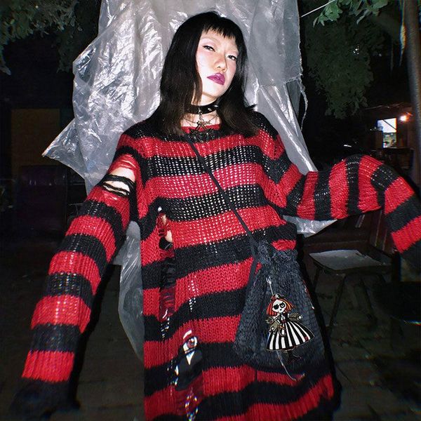 

gothic punk hole stripe tshirt women pastel goth fairy grunge harajuku oversized shirt dark aesthetic plus size emo clothing women's t-, White