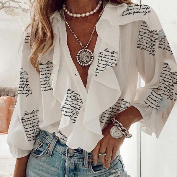 

women's blouses & shirts elegant shirt blouse v-neck broken flower long-sleeve loose office lady summer basic, White