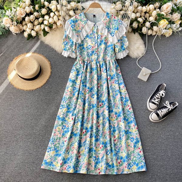 

two piece dress foamlina new french style floral lace splicing turn down collar short puff sleeve button-up high waist summer wome, White