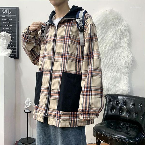 

plaid jacket men's fashion retro casual double-sided wear hooded jackets mens streetwear loose hip-hop bomber men s-5xl, Black;brown