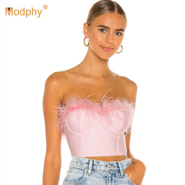 

summer bandage pink strapless feather night club party short 210527, White